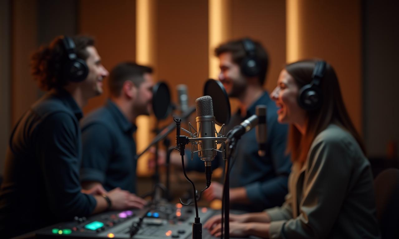 Equipe criativa com microfone em estúdio moderno