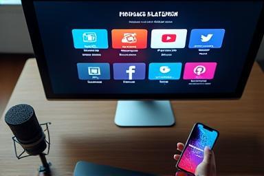 Tela mostrando plataformas de podcast e redes sociais com microfone ao lado